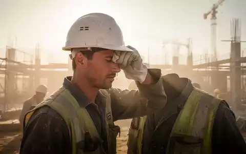 Bauarbeiter wischt sich auf einer Baustelle unter sengender Sonne Schweiß von der Stirn, mit Hitzeflimmern im Hintergrund. - Foto: über boerse-global.de