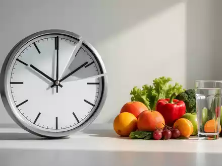Eine stilisierte Uhr ohne ein Segment, daneben gesunde Lebensmittel und ein Glas Wasser, symbolisiert Intervallfasten. - Foto: über boerse-global.de