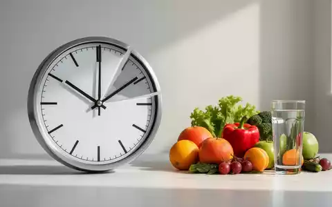 Eine stilisierte Uhr ohne ein Segment, daneben gesunde Lebensmittel und ein Glas Wasser, symbolisiert Intervallfasten. - Foto: über boerse-global.de