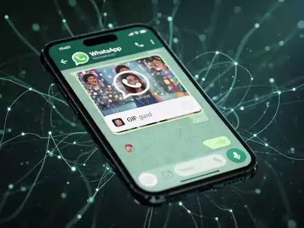 Ein Smartphone mit der WhatsApp-App, geöffneter GIF-Suchleiste, umgeben von digitalen Netzwerkverbindungen. - Foto: über boerse-global.de