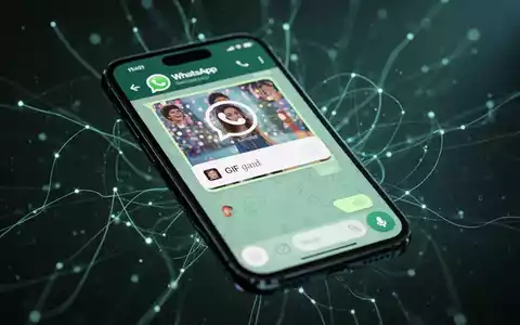 Ein Smartphone mit der WhatsApp-App, geöffneter GIF-Suchleiste, umgeben von digitalen Netzwerkverbindungen. - Foto: über boerse-global.de