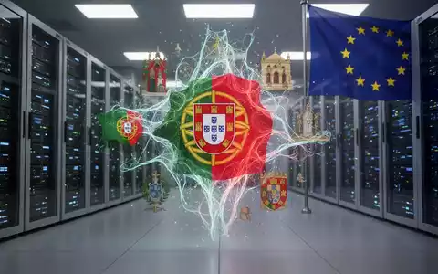 Abstraktes, leuchtendes neuronales Netzwerk, das KI darstellt, mit subtilen portugiesischen Designelementen vor einer Kulisse von Rechenzentren. - Foto: über boerse-global.de