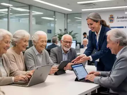 Senioren nutzen digitale Geräte in einem modernen Amt, Mitarbeiter hilft einer Person, Symbol für digitale Inklusion. - Foto: über boerse-global.de