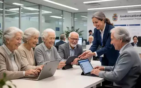 Senioren nutzen digitale Geräte in einem modernen Amt, Mitarbeiter hilft einer Person, Symbol für digitale Inklusion. - Foto: über boerse-global.de