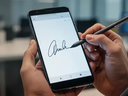 Eine Hand hält ein Android-Smartphone, auf dem eine digitale Signatur erstellt wird, Symbol für digitales Dokumentenmanagement. - Foto: über boerse-global.de
