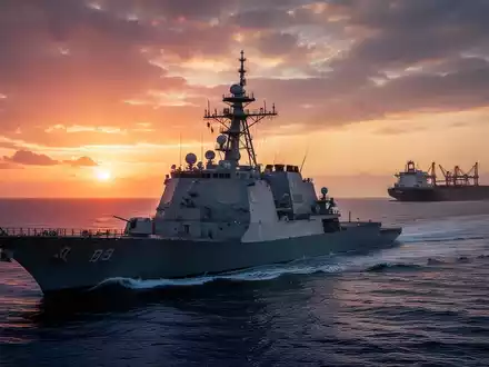 Ein modernes Marineschiff bei Sonnenuntergang auf See, mit einem großen Öltanker in der Ferne. - Foto: über boerse-global.de
