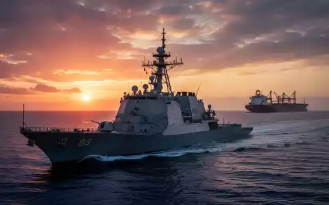 Ein modernes Marineschiff bei Sonnenuntergang auf See, mit einem großen Öltanker in der Ferne. - Foto: über boerse-global.de