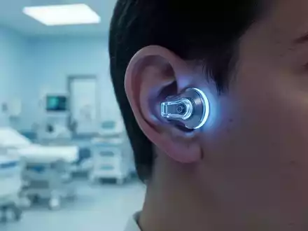 Nahaufnahme eines Ohres mit einem futuristischen, nicht-invasiven Neuromodulationsgerät, das sanft blau leuchtet, vor verschwommenem Krankenhaushintergrund. - Foto: über boerse-global.de
