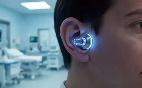 Nahaufnahme eines Ohres mit einem futuristischen, nicht-invasiven Neuromodulationsgerät, das sanft blau leuchtet, vor verschwommenem Krankenhaushintergrund. - Foto: über boerse-global.de
