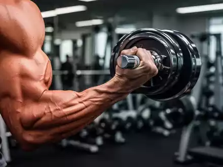 Nahaufnahme eines muskulösen Arms, der eine Hantel in einem Fitnessstudio hebt, mit unscharfem Hintergrund. Symbolisiert Stoffwechsel und Gesundheit. - Foto: über boerse-global.de
