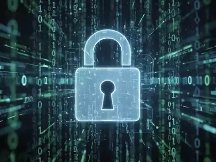 Ein digitales Vorhängeschloss-Symbol über einem Hintergrund aus abstrakten Datenströmen und binärem Code, der Cyberangriffe darstellt. - Foto: über boerse-global.de