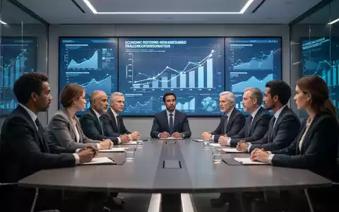 Geschäftsleute diskutieren Wirtschaftsreformen und industrielle Transformation in einem modernen Konferenzraum mit digitalen Anzeigen. - Foto: über boerse-global.de