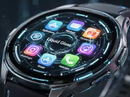 Nahaufnahme eines Smartwatch-Bildschirms mit flüssiger Glasoberfläche und App-Symbolen, weiches Licht reflektierend. - Foto: über boerse-global.de
