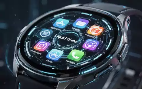 Nahaufnahme eines Smartwatch-Bildschirms mit flüssiger Glasoberfläche und App-Symbolen, weiches Licht reflektierend. - Foto: über boerse-global.de