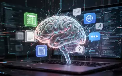 Leuchtendes, futuristisches KI-Gehirn-Symbol, verflochten mit Produktivitäts-App-Icons auf digitalem Desktop. - Foto: über boerse-global.de