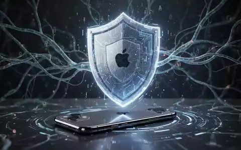 Ein leuchtender digitaler Schild umgibt ein elegantes iPhone, im Hintergrund abstrakte KI-Netzwerklinien. - Foto: über boerse-global.de