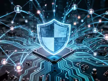 Leuchtendes, vernetztes Netz digitaler Knoten und Datenströme mit Schildsymbol auf Leiterplatte, symbolisiert KI-Cybersicherheit. - Foto: über boerse-global.de
