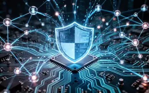 Leuchtendes, vernetztes Netz digitaler Knoten und Datenströme mit Schildsymbol auf Leiterplatte, symbolisiert KI-Cybersicherheit. - Foto: über boerse-global.de