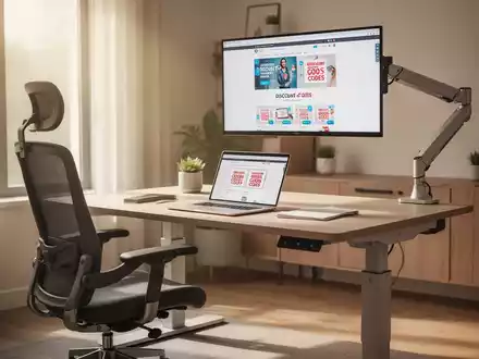Ein modernes, ergonomisches Home-Office mit höhenverstellbarem Schreibtisch, ergonomischem Stuhl und Monitor. Auf dem Laptop sind Rabattcodes zu sehen. - Foto: über boerse-global.de