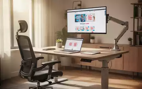 Ein modernes, ergonomisches Home-Office mit höhenverstellbarem Schreibtisch, ergonomischem Stuhl und Monitor. Auf dem Laptop sind Rabattcodes zu sehen. - Foto: über boerse-global.de