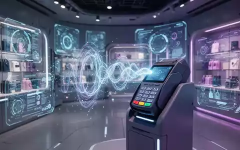 Ein abstrakter KI-Agent aus leuchtenden Lichtmustern interagiert mit einem futuristischen Zahlungsterminal im Einzelhandel und symbolisiert sichere digitale Transaktionen. - Foto: über boerse-global.de