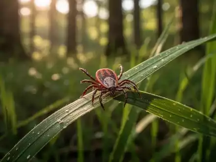Nahaufnahme einer Zecke auf einem Grashalm in einem grünen Wald, die auf einen Wirt wartet. - Foto: über boerse-global.de