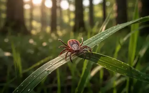 Nahaufnahme einer Zecke auf einem Grashalm in einem grünen Wald, die auf einen Wirt wartet. - Foto: über boerse-global.de