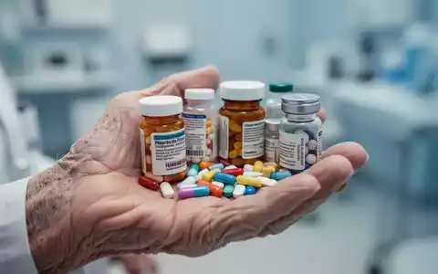 Eine ältere Hand hält verschiedene Medikamentenflaschen und einzelne Pillen, mit unscharfem medizinischem Hintergrund. - Foto: über boerse-global.de