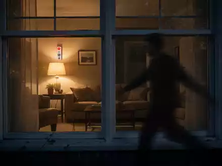 Ein von außen durch ein Fenster gesehenes, schwach beleuchtetes Wohnzimmer mit einer Zeitschaltuhr-Lampe, die Anwesenheit vortäuscht. - Foto: über boerse-global.de