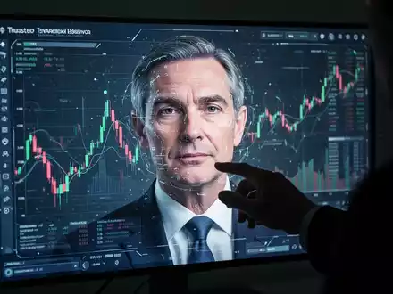 Eine Hand manipuliert ein digitales Interface, das ein Deepfake-Video eines Finanzberaters mit verzerrten Gesichtszügen zeigt. - Foto: über boerse-global.de