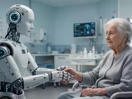 Ein humanoider Roboter hält sanft die Hand eines älteren Patienten in einer modernen Gesundheitseinrichtung, symbolisiert KI in der Altenpflege. - Foto: über boerse-global.de