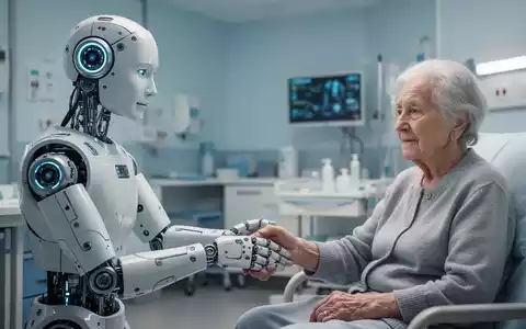 Ein humanoider Roboter hält sanft die Hand eines älteren Patienten in einer modernen Gesundheitseinrichtung, symbolisiert KI in der Altenpflege. - Foto: über boerse-global.de