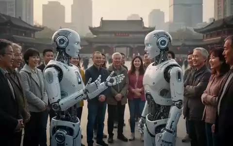 Ein humanoider Roboter mit elegantem Design interagiert mit einer vielfältigen Menschengruppe auf einem belebten modernen chinesischen Stadtplatz. - Foto: über boerse-global.de