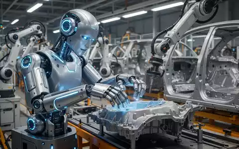 Humanoides Robot mit blauen Leuchtelementen arbeitet an einer Auto-Fertigungsstraße, umgeben von Roboterarmen und Autoteilen. - Foto: über boerse-global.de