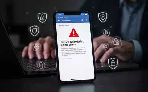 Nahaufnahme eines Smartphones mit einer Phishing-E-Mail und einem roten Warnsymbol, überlagert von Händen, die nervös tippen. - Foto: über boerse-global.de