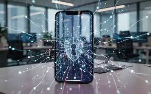 Abstrakte, leuchtende Linien und Knoten auf Smartphone-Bildschirm, die Datenflüsse und Sicherheitsbedrohungen zeigen, unscharfer Bürohintergrund. - Foto: über boerse-global.de