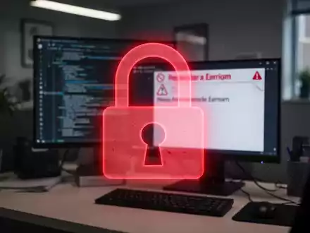 Rotes Vorhängeschloss-Symbol über unscharfem Büro mit Computer-Fehlermeldung - Foto: über boerse-global.de