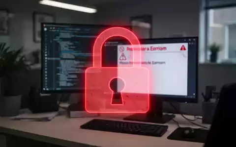Rotes Vorhängeschloss-Symbol über unscharfem Büro mit Computer-Fehlermeldung - Foto: über boerse-global.de