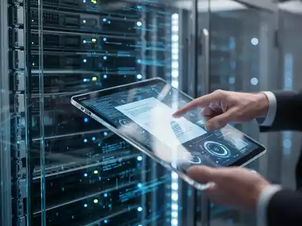 Ein stilisiertes, modernes Server-Rack mit blauen Lichtern und digitalem Datenstrom, das Datensicherheit und digitale Transformation symbolisiert. - Foto: über boerse-global.de
