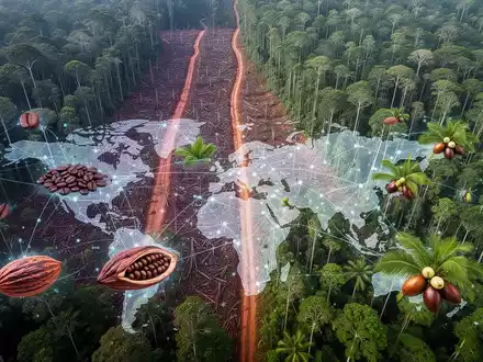Ein Luftbild eines Regenwaldes mit sichtbaren Abholzungsflächen und einer digitalen Überlagerung von Lieferketten-Symbolen wie Kaffeebohnen und Kakaoschoten. - Foto: über boerse-global.de