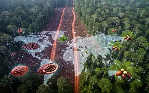 Ein Luftbild eines Regenwaldes mit sichtbaren AbholzungsflĂ€chen und einer digitalen Ăberlagerung von Lieferketten-Symbolen wie Kaffeebohnen und Kakaoschoten. - Foto: ĂŒber boerse-global.de