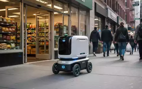 Kleiner futuristischer Lieferroboter mit sechs Rädern auf einem Bürgersteig neben einem Lebensmittelgeschäft, urbane Lieferung. - Foto: über boerse-global.de