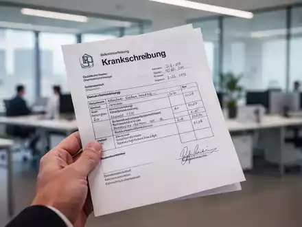 Eine Hand hält eine Krankschreibung, im Hintergrund verschwommen ein modernes Büro. Fokus auf das offizielle Dokument. - Foto: über boerse-global.de