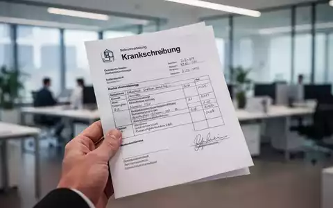 Eine Hand hält eine Krankschreibung, im Hintergrund verschwommen ein modernes Büro. Fokus auf das offizielle Dokument. - Foto: über boerse-global.de
