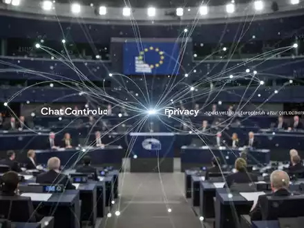 Abstrakte Darstellung von Datenströmen und Netzwerken in einem futuristischen EU-Parlamentssaal, die Chatkontrolle symbolisiert. - Foto: über boerse-global.de