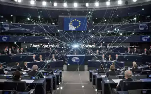 Abstrakte Darstellung von Datenströmen und Netzwerken in einem futuristischen EU-Parlamentssaal, die Chatkontrolle symbolisiert. - Foto: über boerse-global.de
