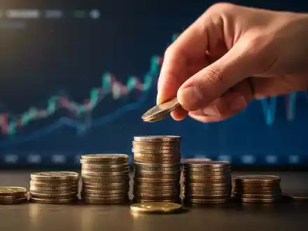 Eine Hand legt Münzen auf einen wachsenden Stapel mit verschwommenem Finanzchart im Hintergrund, symbolisierend Investitionswachstum. - Foto: über boerse-global.de