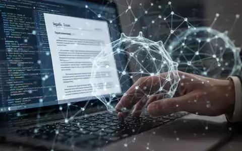Eine Hand tippt auf einer Tastatur, während im Hintergrund verschwommene Rechtsdokumente und ein KI-Netzwerk zu sehen sind. - Foto: über boerse-global.de