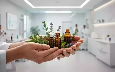 Hände halten sanft Kräuter und eine Flasche ätherisches Öl, im Hintergrund verschwommen eine moderne Wellness-Einrichtung. - Foto: über boerse-global.de
