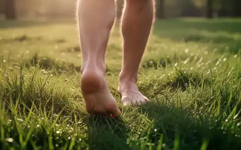 Nahaufnahme von nackten Füßen, die auf weichem, grünem Gras gehen, mit Sonnenlicht, das durch die Zehen scheint. - Foto: über boerse-global.de